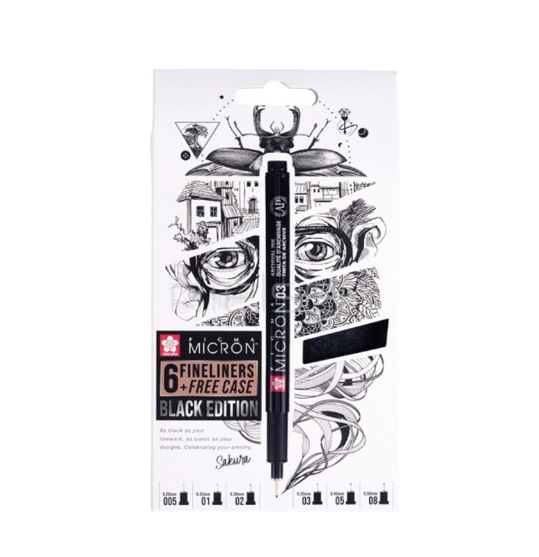Sakura Micron Fineliners, Black Edition 6 stk med pennal