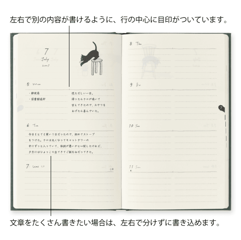 Midori Diary Cat Green 2027 Weekly  - B6 Slim
